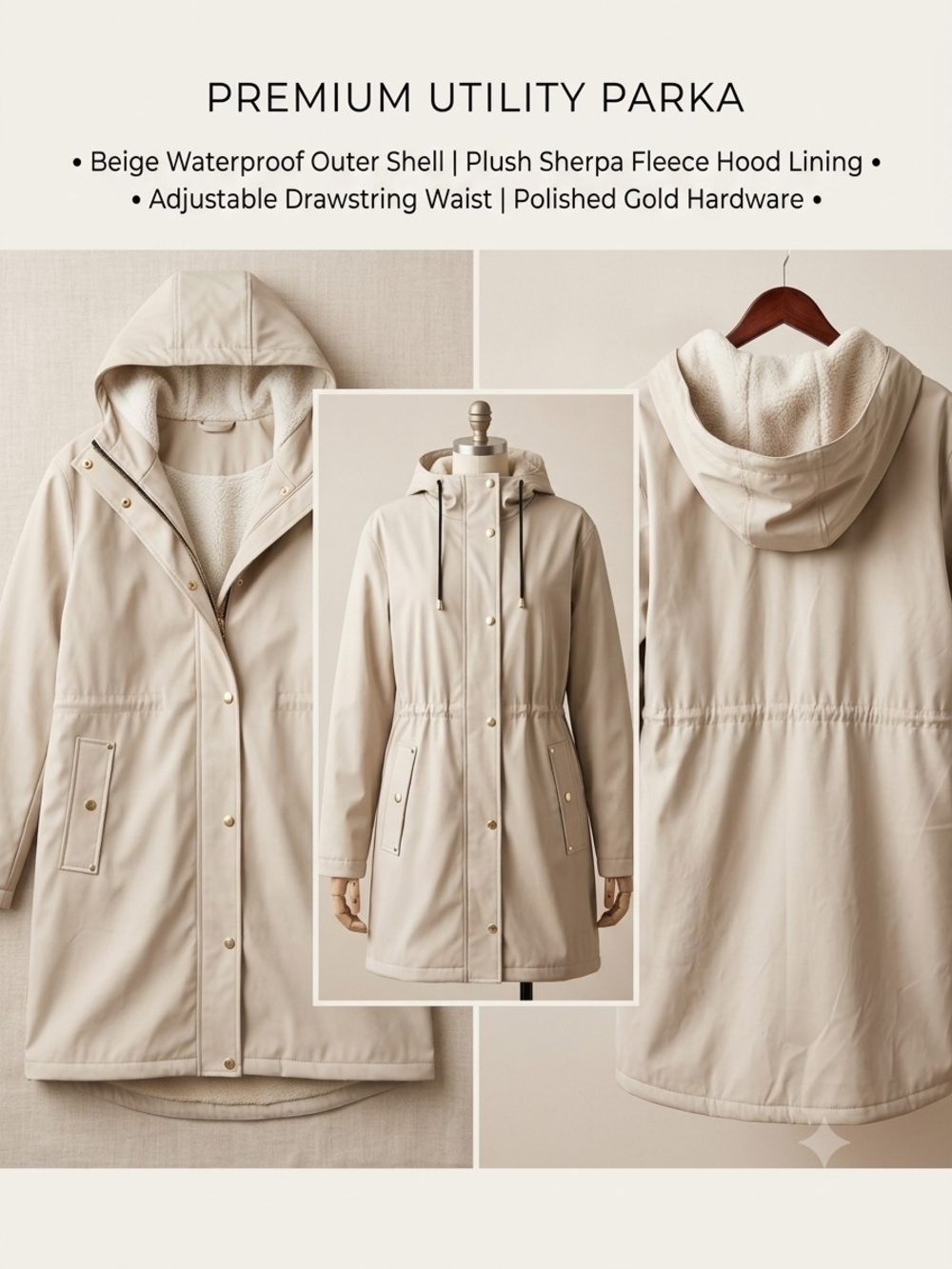 Women’s Beige Unique Bella Waterproof Parka with Sherpa-Lined Hood